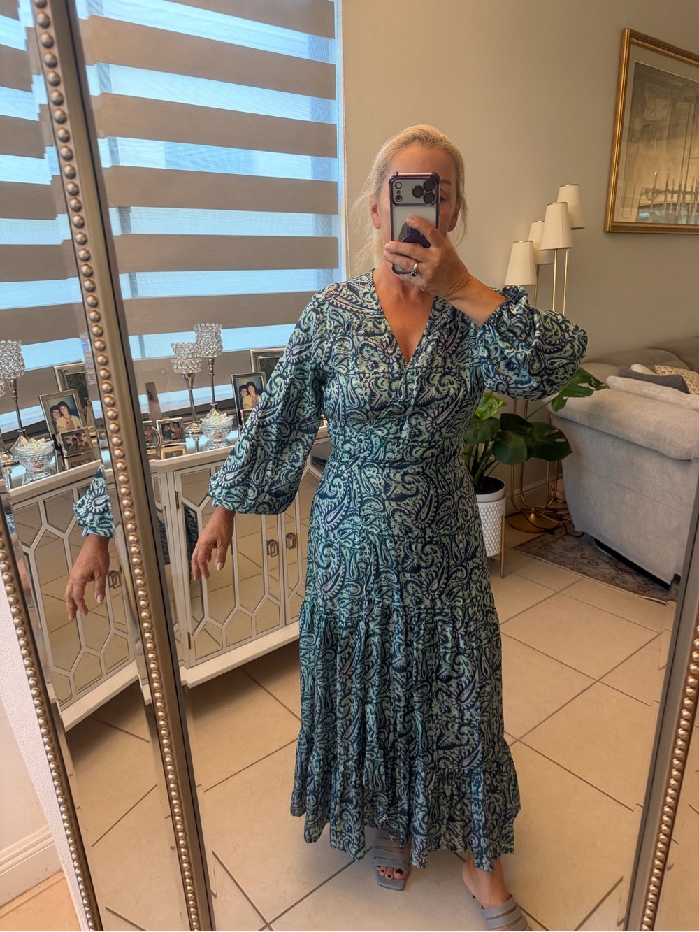Hannah Teal, Navy & White Paisley Tiered Maxi Dress